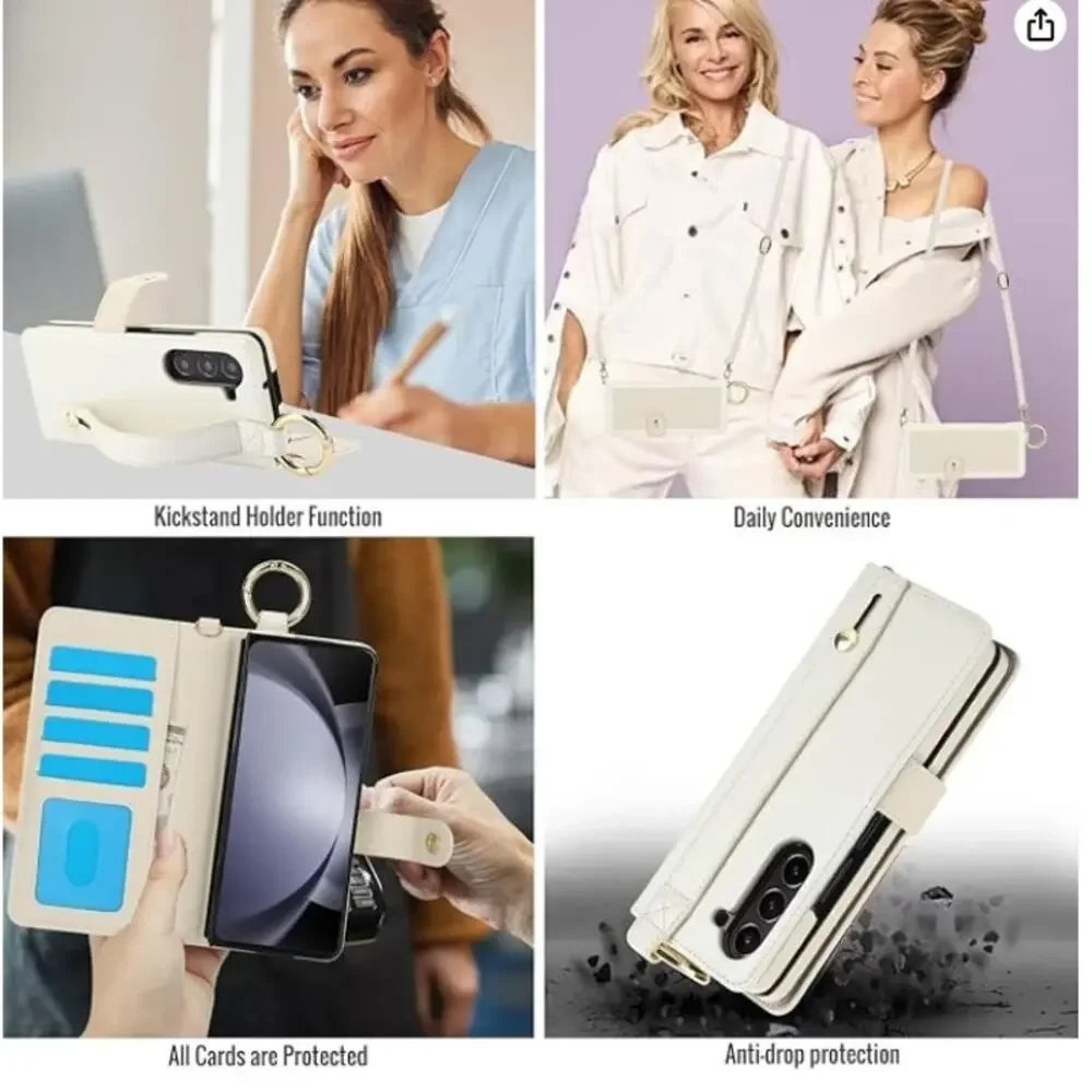 Asuwish Galaxy Z Fold 7 Crossbody Wallet Case RFID S Pen Holder Card Slots Beige